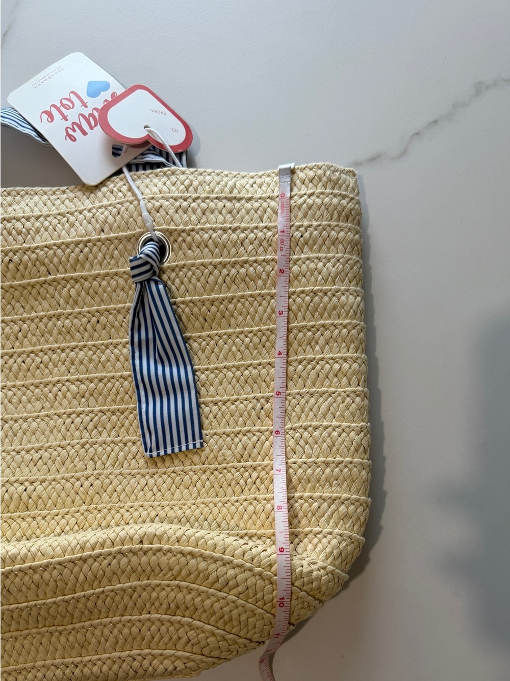 Straw Tote beach Bag with Blue-White Striped Handles - Picture 10 of 11